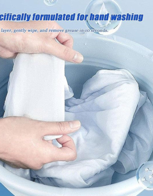 Hands using organic deep cleaning powder for efficient hand washing of fabrics in a basin