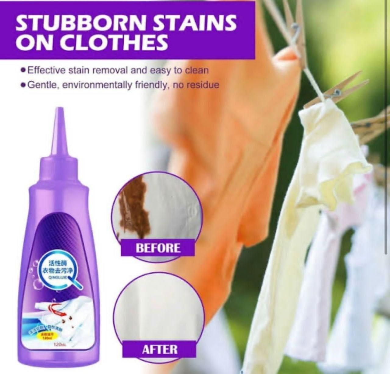 Bottle of organic fabric stain remover with before and after results on clothes showing effective stain removal