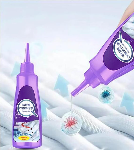 Organic fabric stain remover in a purple bottle with precision nozzle for targeted cleaning