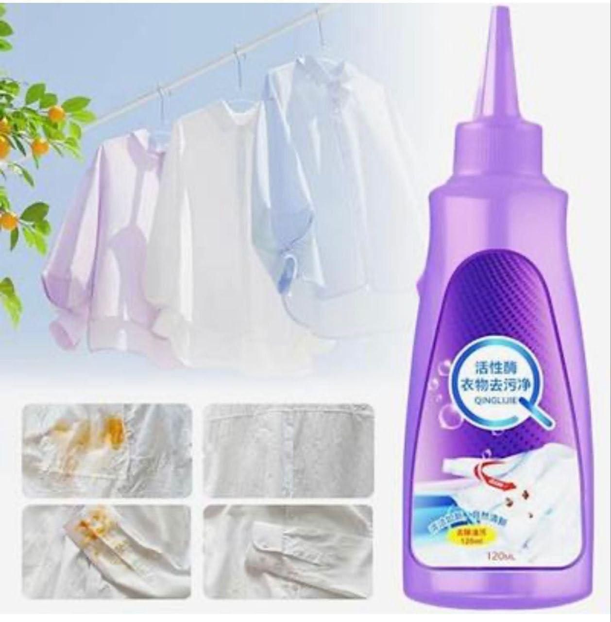 Organic fabric stain remover in purple bottle with before and after images of stained shirts