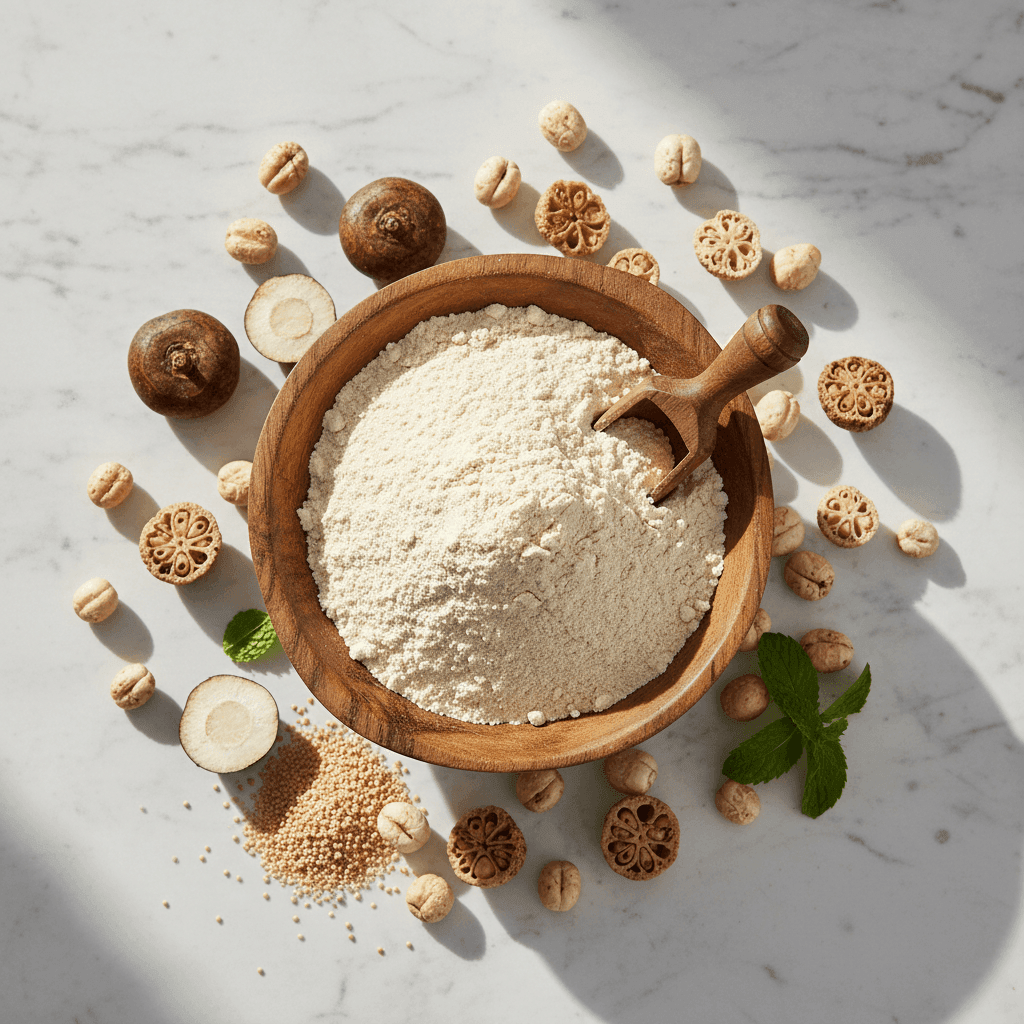 Organic Farali Flour in a wooden bowl surrounded by nuts and seeds, ideal for gluten-free recipes