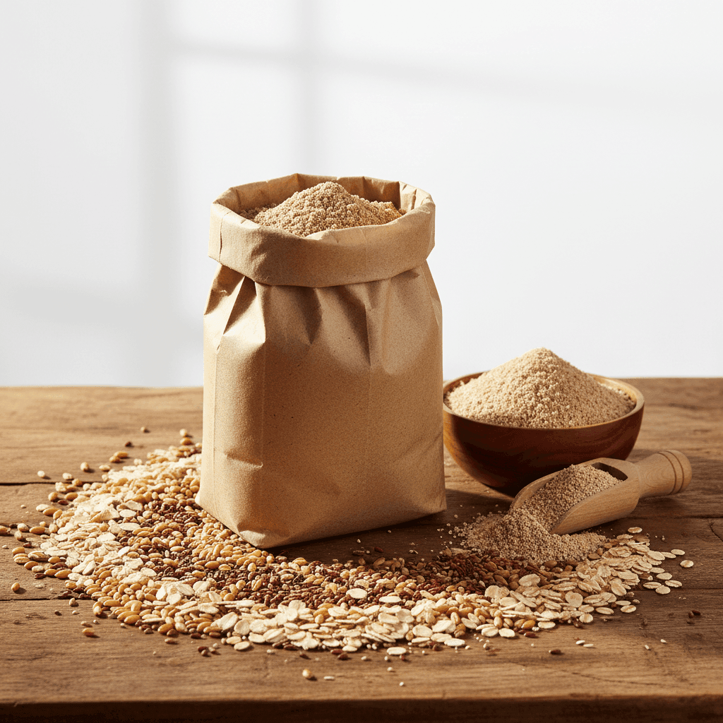 Brown paper bag of organic flour with a wooden scoop and bowl, ideal for baking and cooking