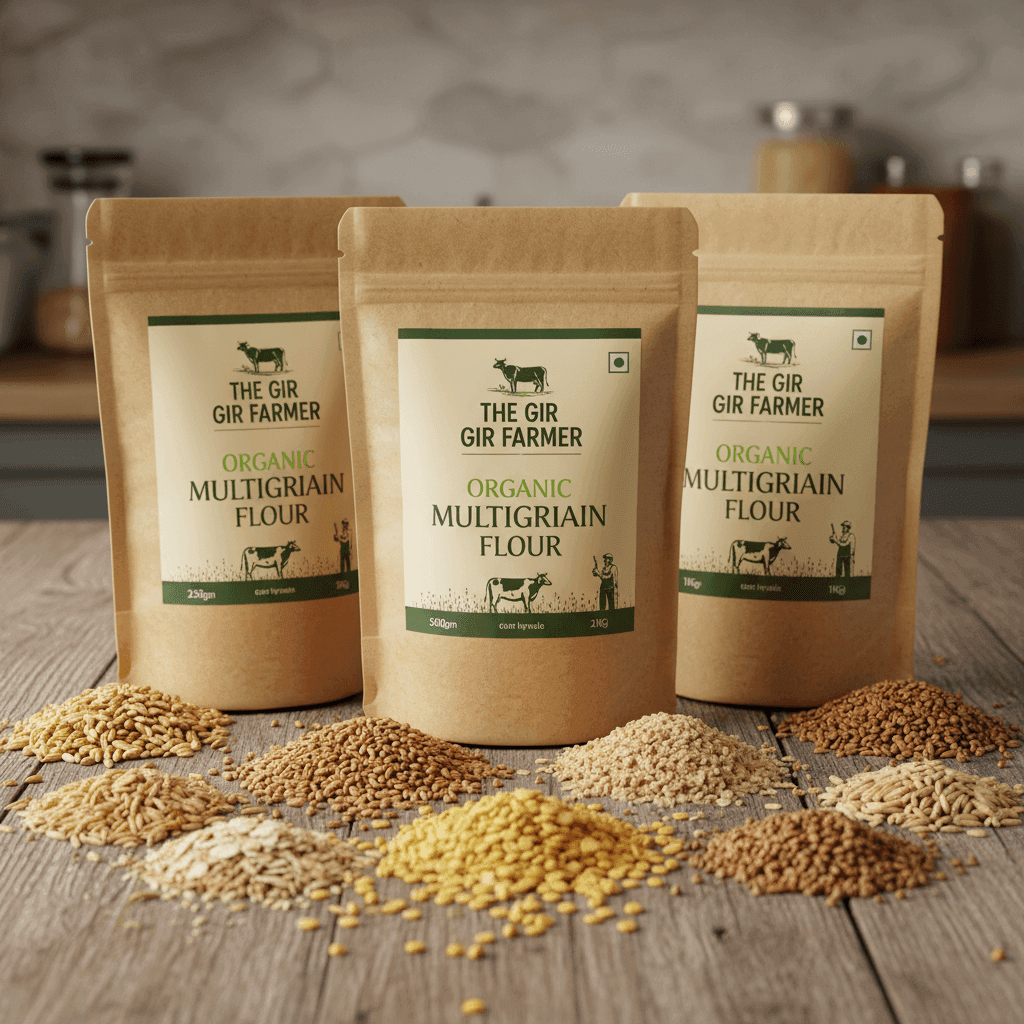 The Gir Farmer Organic Multigrain Flour in brown bags with grains scattered on wooden surface