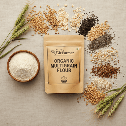 The Gir Farmer organic flour shown with a bowl of seeds and grains, ideal for healthy baking and cooking