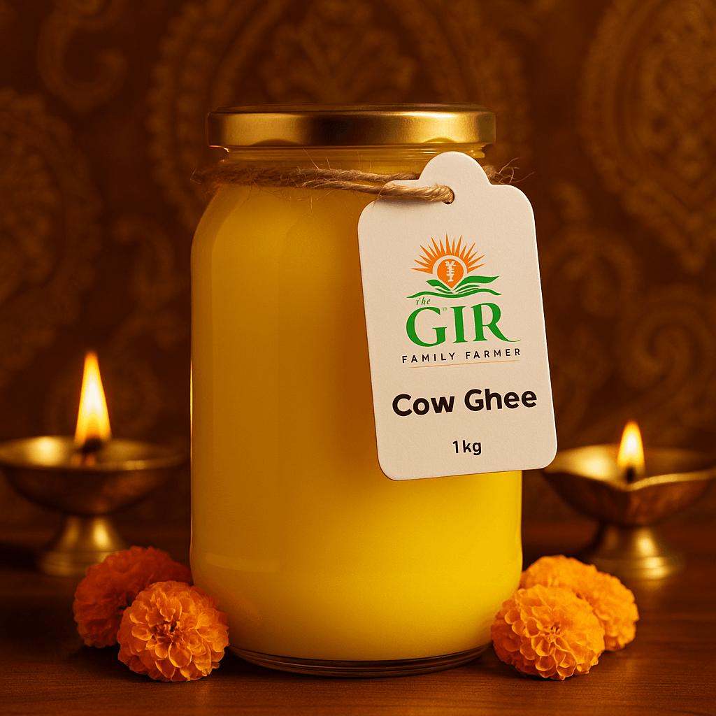 Glass jar of organic Gir cow ghee in golden color, perfect for cooking and baking, 1kg size