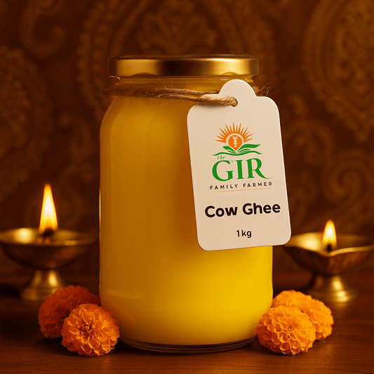 Glass jar of organic Gir cow ghee in golden color, perfect for cooking and baking, 1kg size