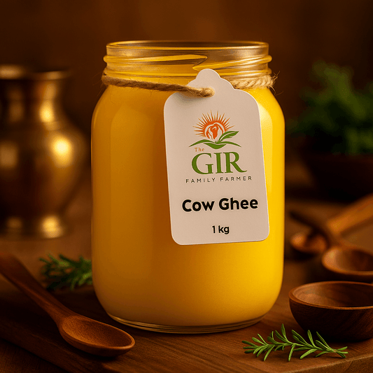 Golden organic Gir cow ghee in a glass jar with a label, perfect for cooking and baking