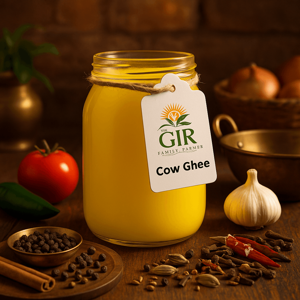Jar of organic Gir cow ghee in yellow, perfect for cooking and enhancing flavors of dishes