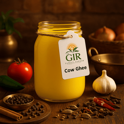 Jar of organic Gir cow ghee in yellow, perfect for cooking and enhancing flavors of dishes