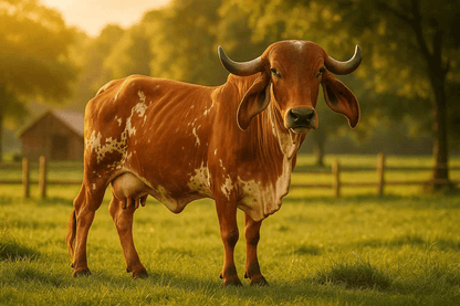 A healthy red and white Gir cow grazing in a lush green field, representing organic Gir cow ghee.