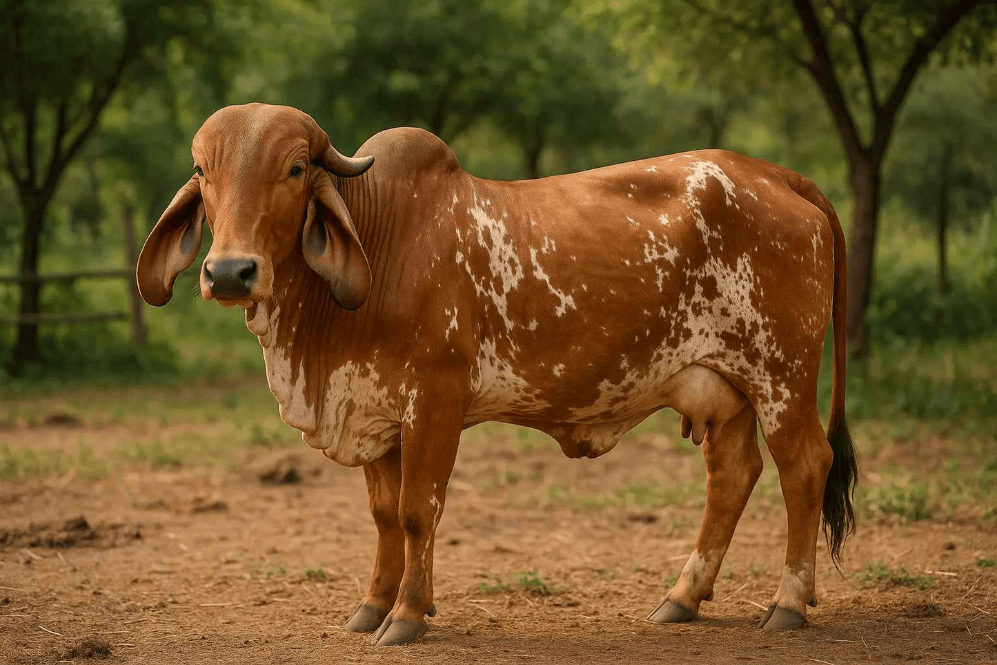 Brown and white spotted Gir cow grazing in a serene farm environment for organic Gir cow ghee production