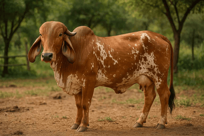 Brown and white spotted Gir cow grazing in a serene farm environment for organic Gir cow ghee production