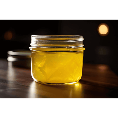 Glass jar of golden organic Gir cow ghee ideal for cooking and baking for a healthy diet