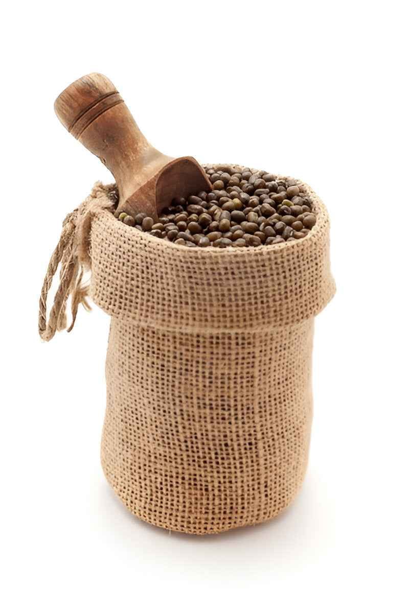 Sack of organic green moong beans with a wooden scoop for healthy cooking and recipes