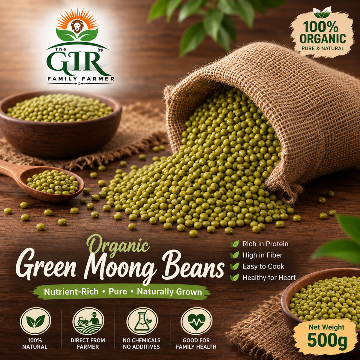 500g of organic green moong beans displayed in a natural woven basket, rich in protein and fiber