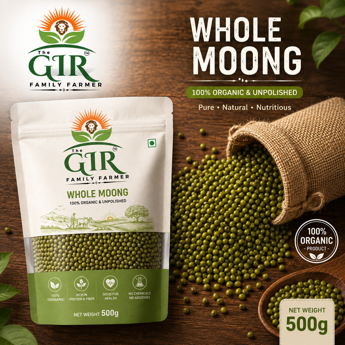 THE GIR FARMER Organic Green Moong Beans in 500g bag, nutritious and perfect for healthy meals