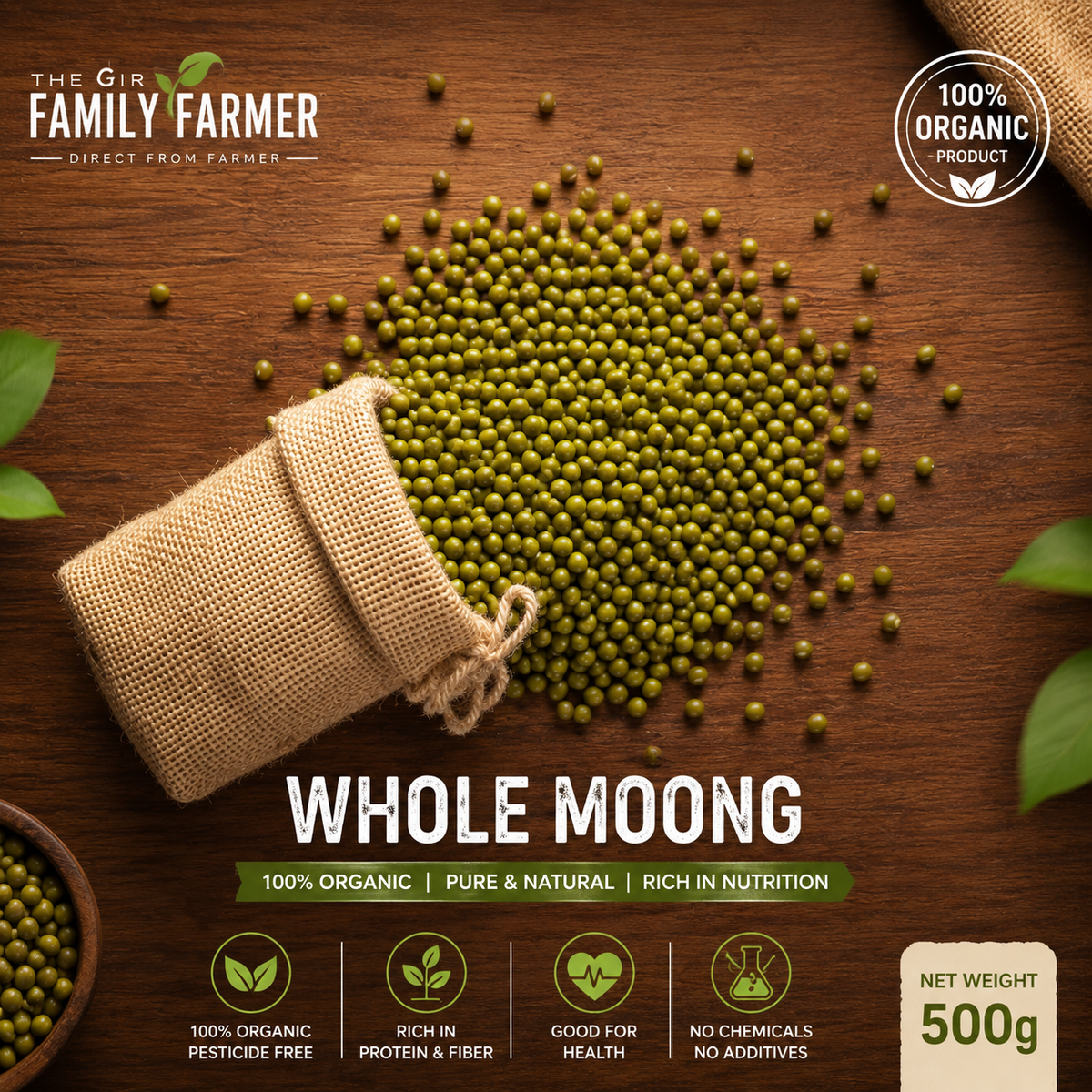 Whole organic green moong beans 500g in a jute bag, rich in protein and fiber for healthy meals