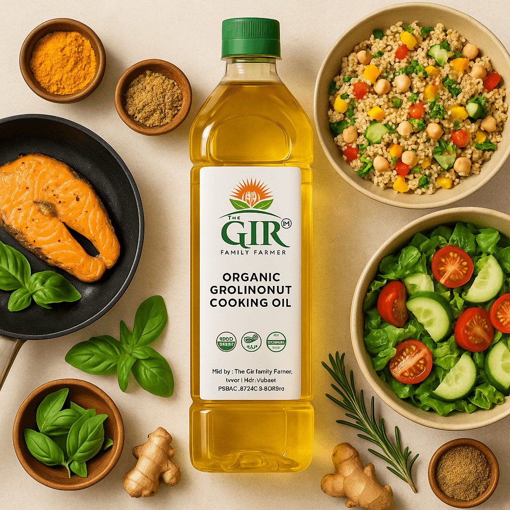 The GIR Farmer organic groundnut cooking oil in a bottle, surrounded by salmon, salad, and spices for healthy cooking