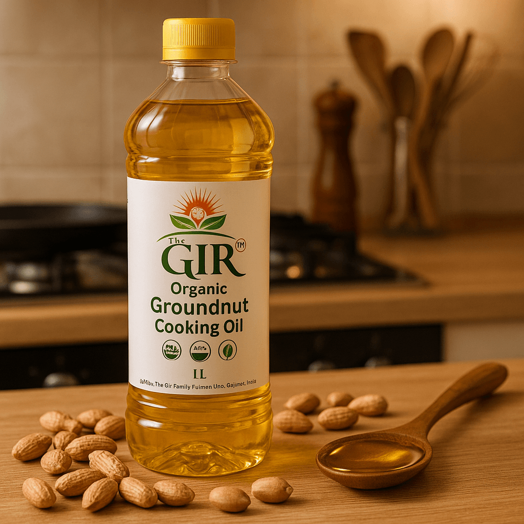 The GIR Farm organic groundnut cooking oil in a clear bottle, ideal for healthy cooking and frying