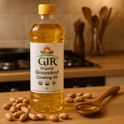 The GIR Farm organic groundnut cooking oil in a clear bottle, ideal for healthy cooking and frying