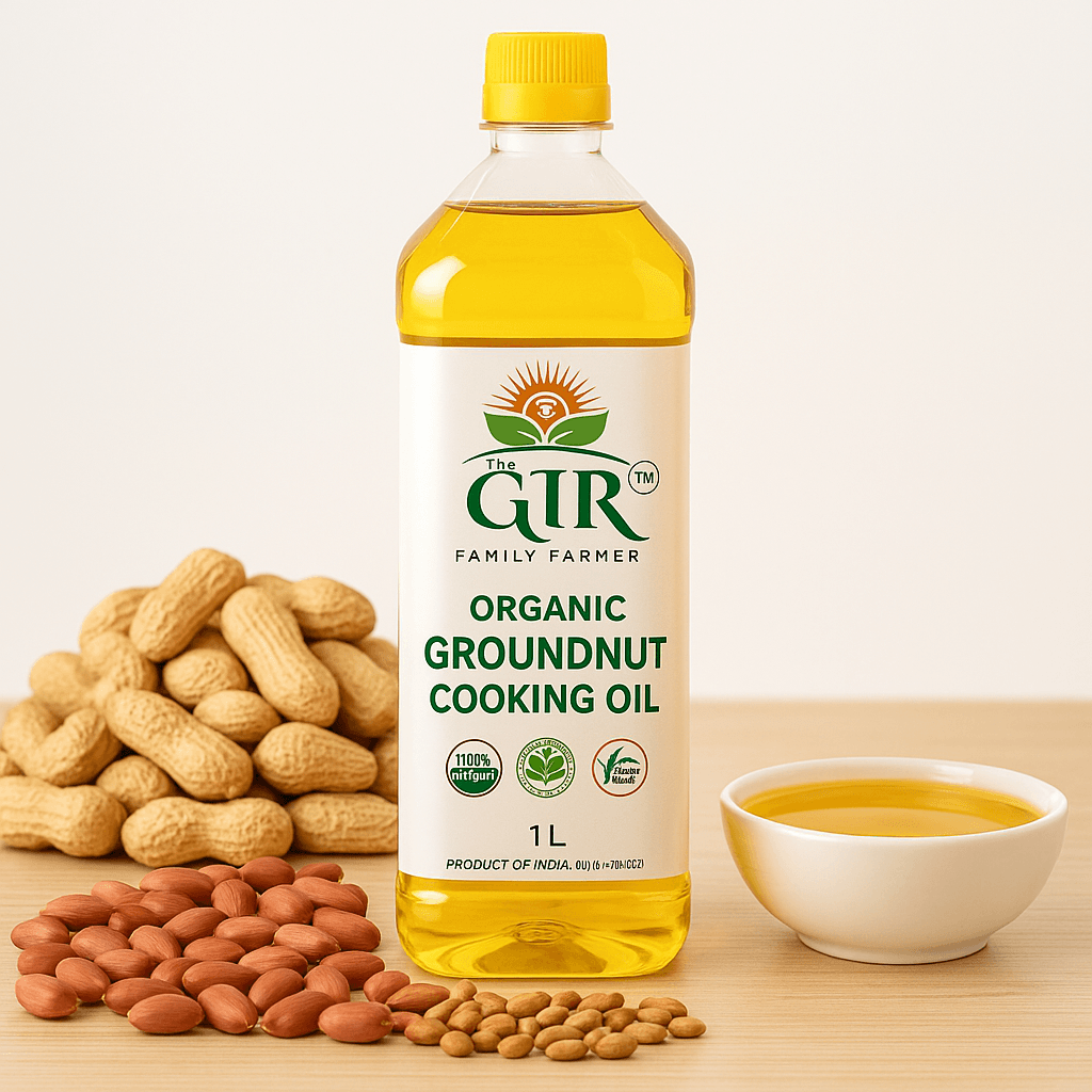 The GIR Farmer organic groundnut cooking oil in 1L bottle with peanuts and oil bowl