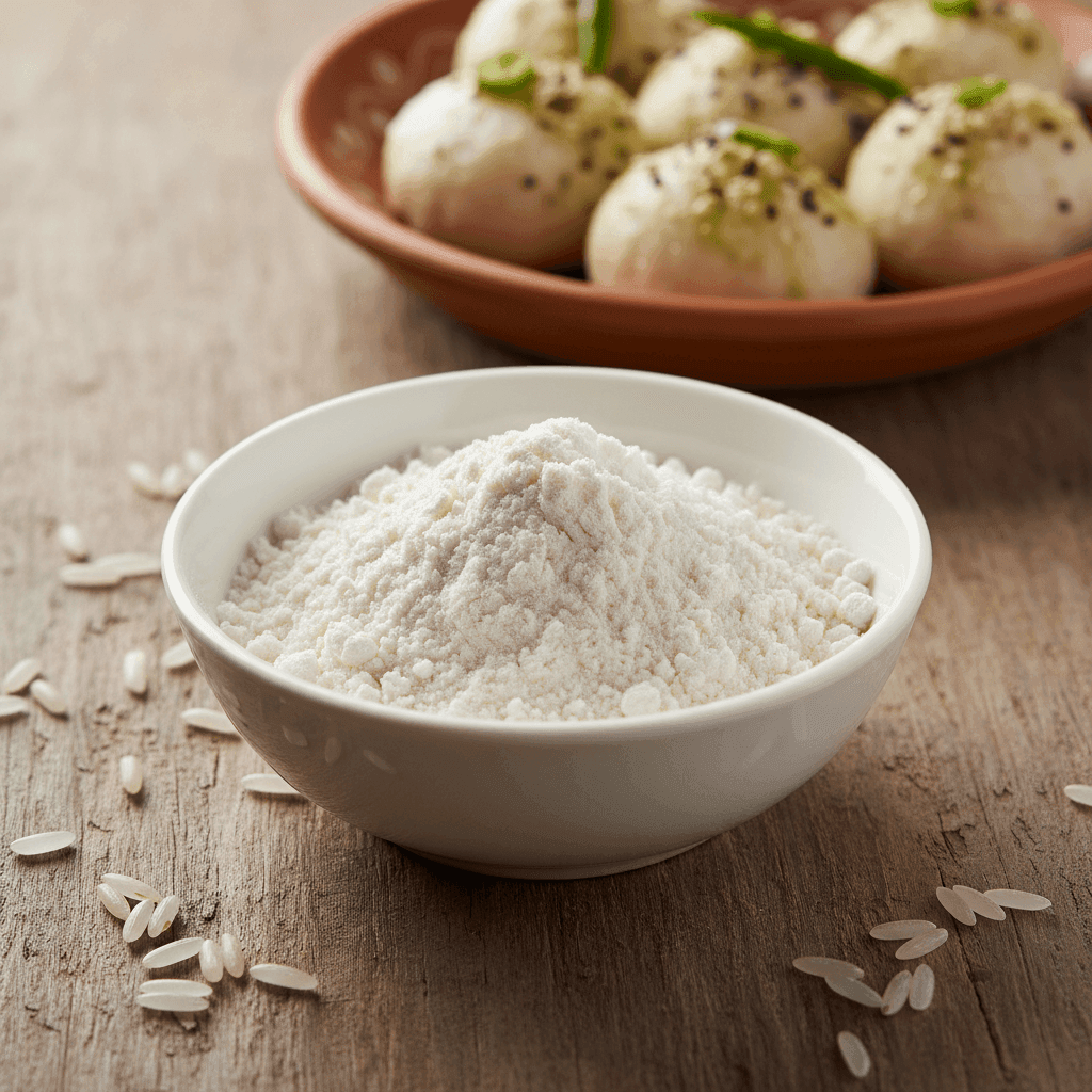 White Organic Gujarat 17 Jirasar Rice Flour in a bowl, ideal for making gluten-free dishes.