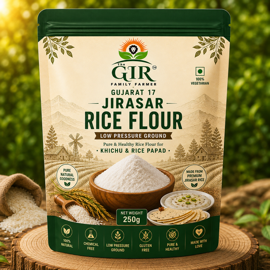 Organic Gujarat 17 Jirasar Rice Flour in a 250g pouch, ideal for making Khichu and Rice Papad