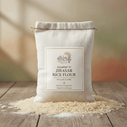 White bag of Organic Gujarat 17 Jirasar Rice Flour on wooden surface, ideal for gluten-free cooking