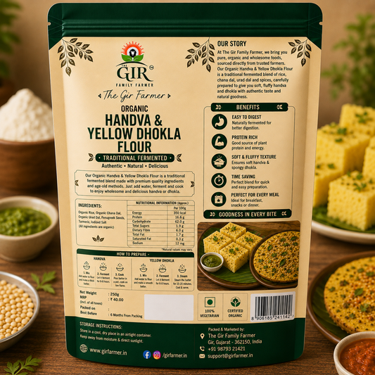 Organic Handva & Yellow Dhokla Flour in a resealable bag, perfect for making delicious traditional Indian snacks.