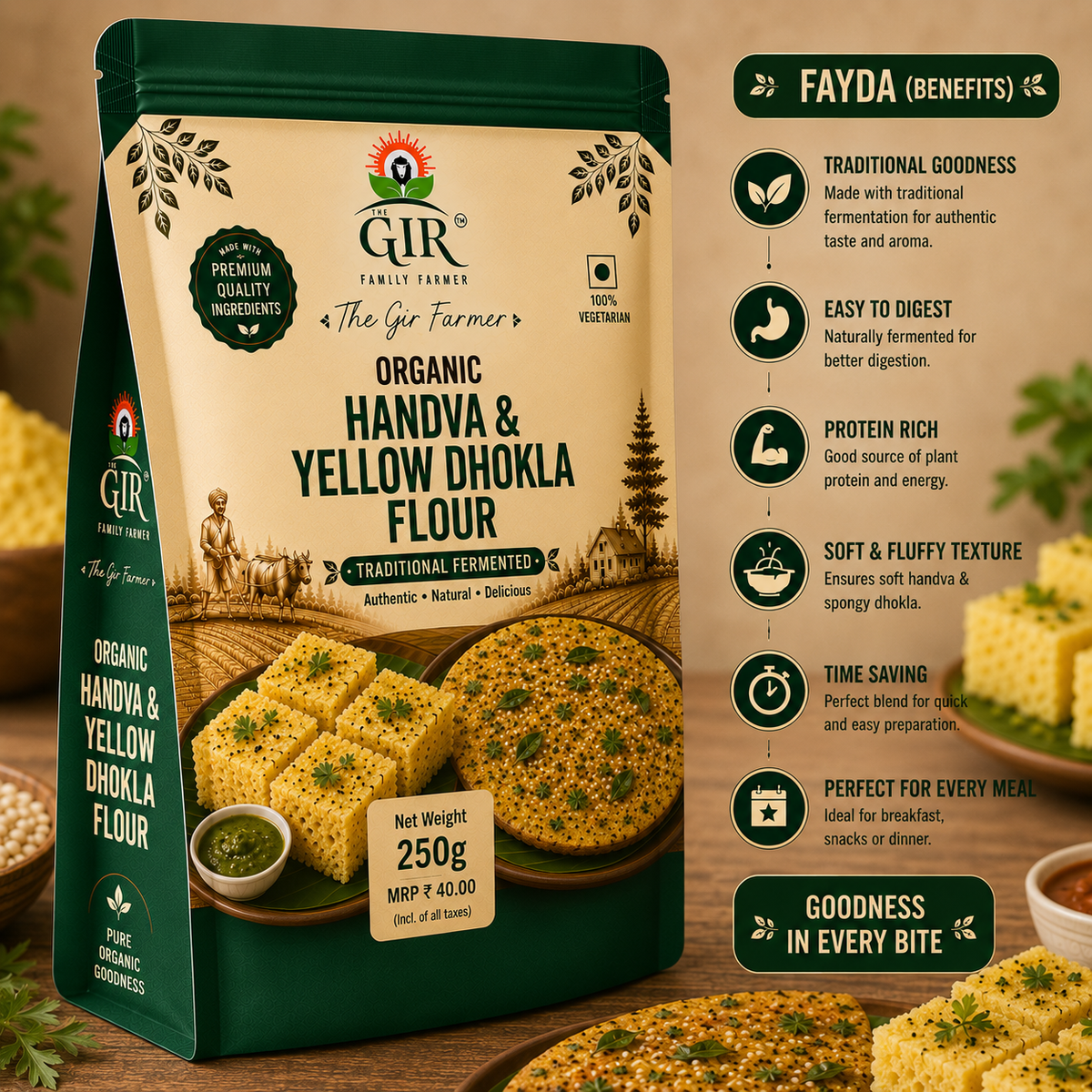 Organic Handva & Yellow Dhokla Flour in a 250g pack, perfect for making traditional, fluffy dhoklas