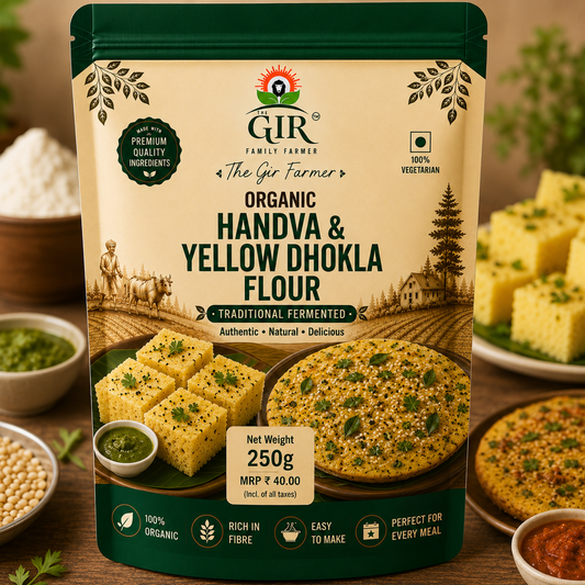 250g package of Organic Handva & Yellow Dhokla Flour with traditional fermented mix for delicious meals