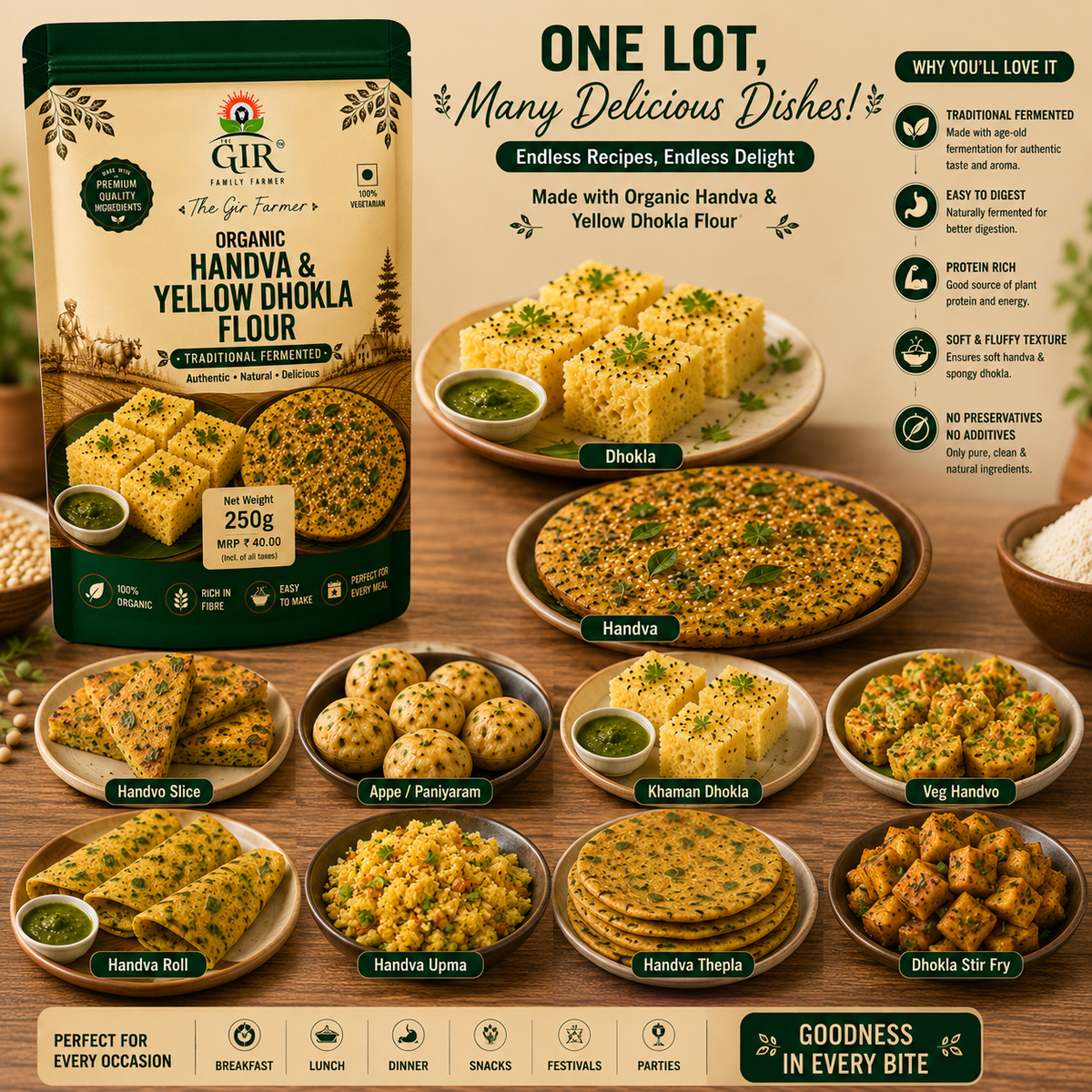 Organic Handva & Yellow Dhokla Flour package with a variety of delicious dishes like dhokla and handva
