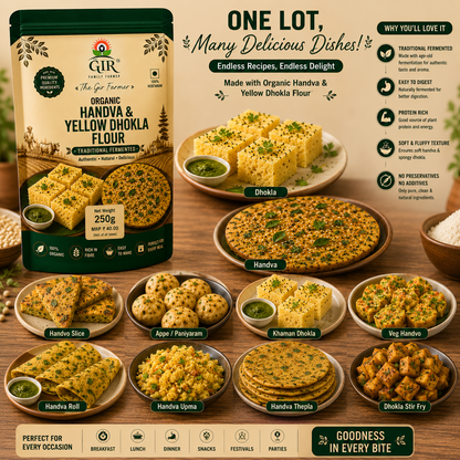 Organic Handva & Yellow Dhokla Flour package with a variety of delicious dishes like dhokla and handva