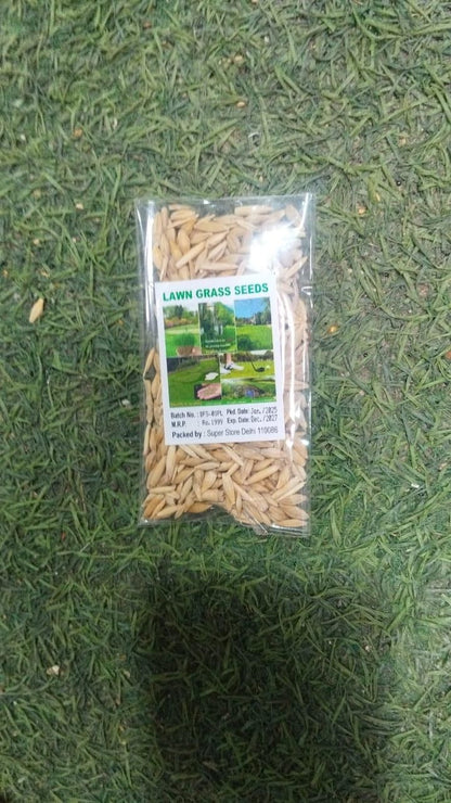 Pack of lawn grass seeds on green grass background by THE GIR FARMER organic herbicide granules for grass