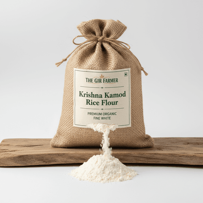 Organic Krishna Kamod Rice Flour in a burlap bag with fine white texture for cooking and baking