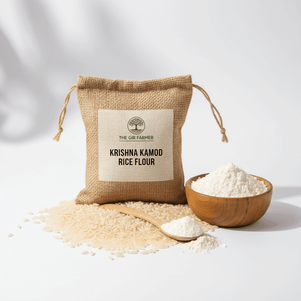 Organic Krishna Kamod Rice Flour in a burlap bag with a wooden bowl and scoop, ideal for gluten-free cooking