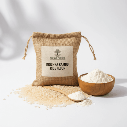 Organic Krishna Kamod Rice Flour in a burlap bag with a wooden bowl and scoop, ideal for gluten-free cooking