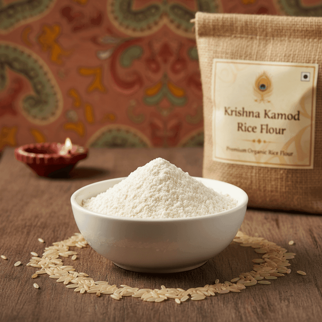 Organic Krishna Kamod Rice Flour in a white bowl, ideal for gluten-free baking and Indian cuisine