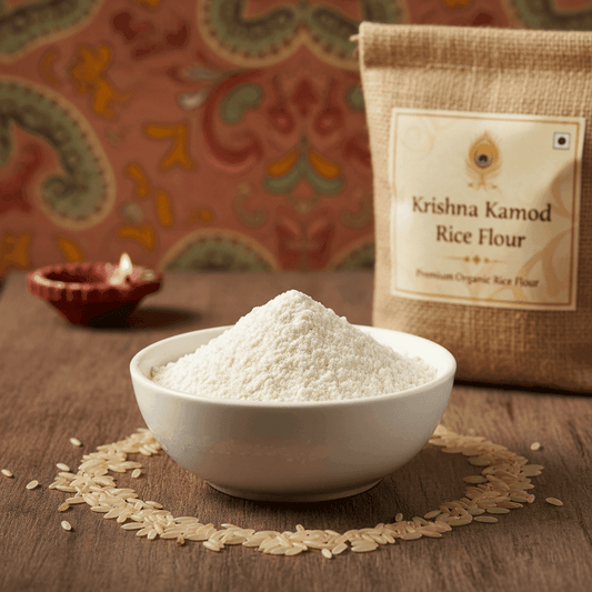 Organic Krishna Kamod Rice Flour in a white bowl, ideal for gluten-free baking and Indian cuisine