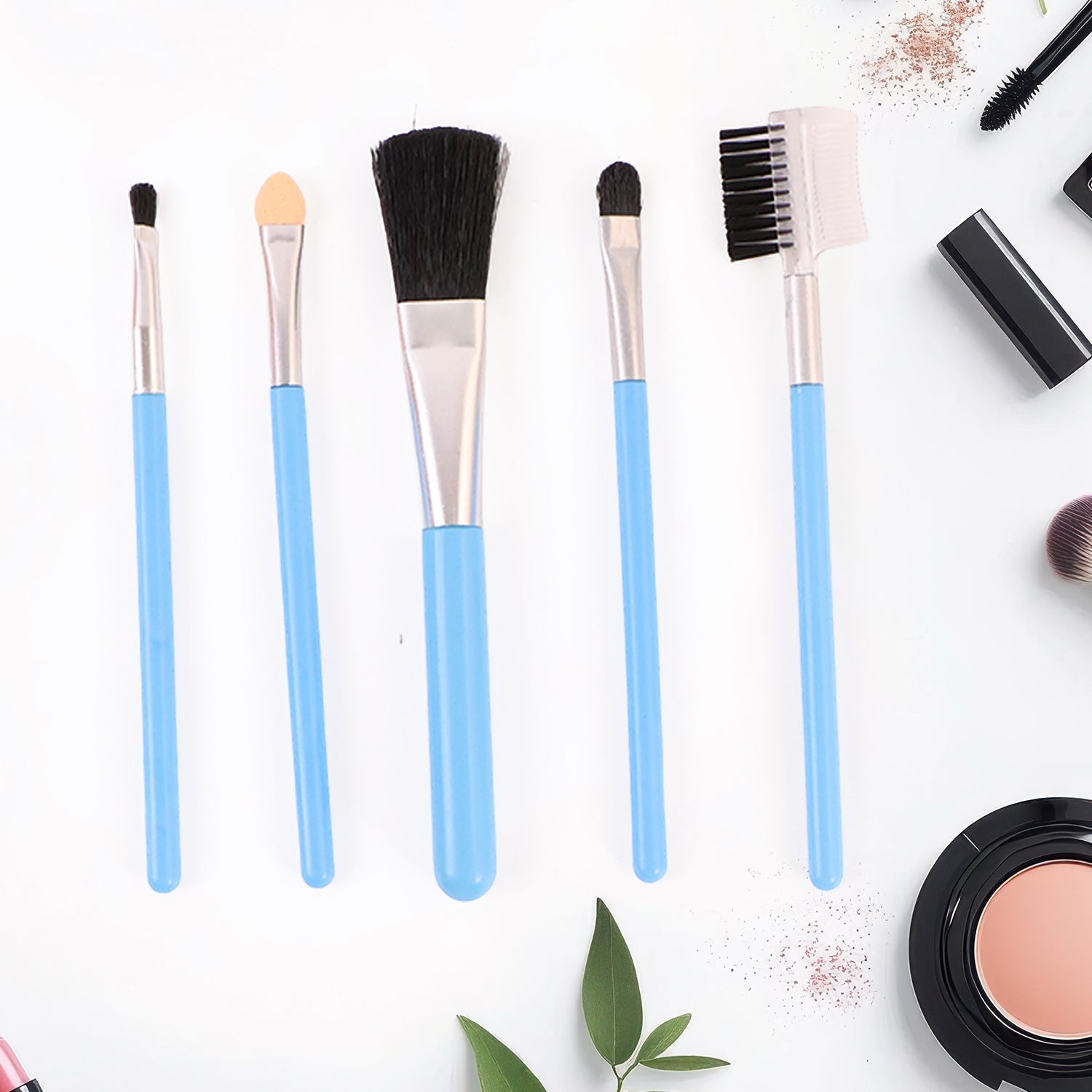 Your Brand organic makeup brushes set with soft bristles in blue handles for flawless application