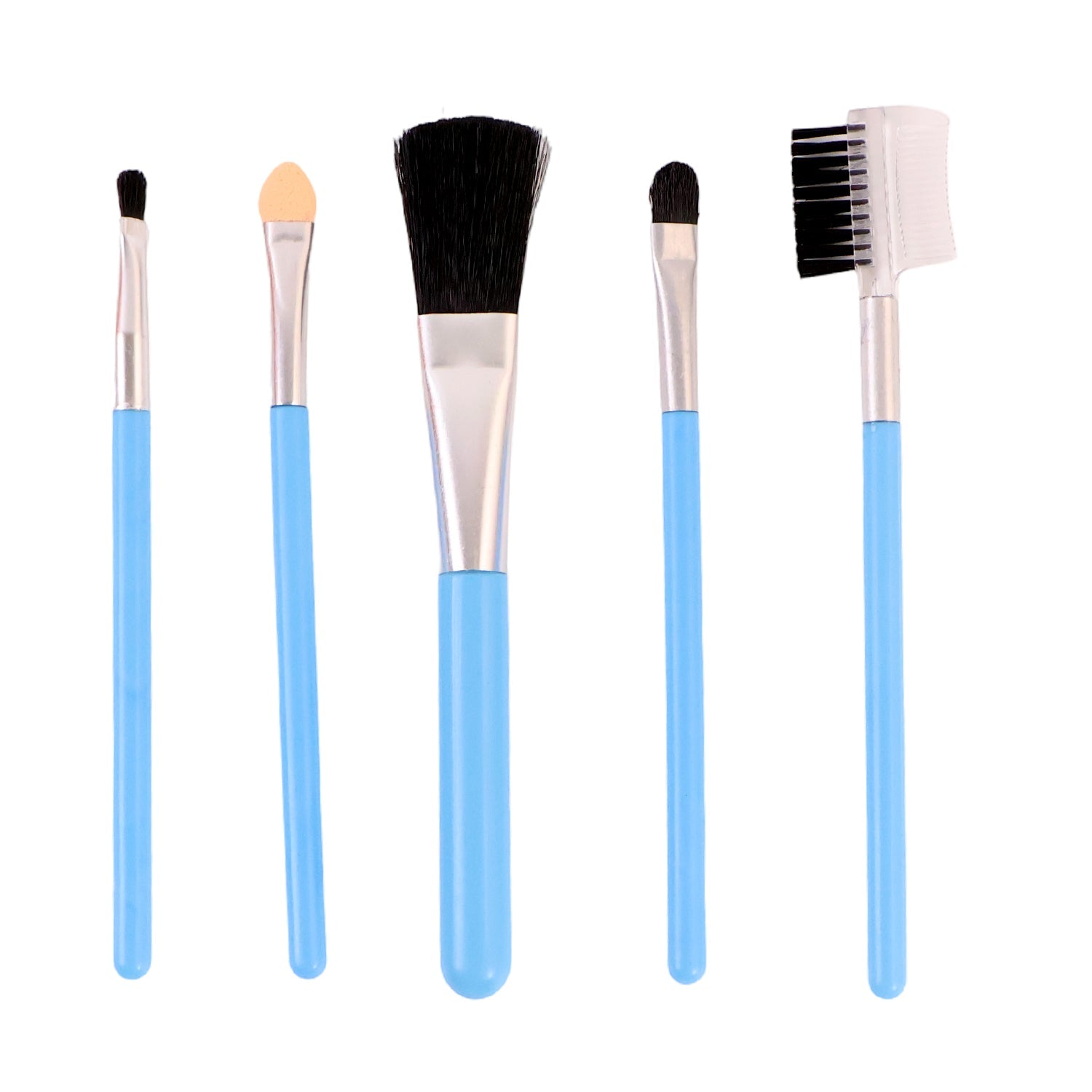 Your Brand organic makeup brushes set featuring five brushes with blue handles for precise application
