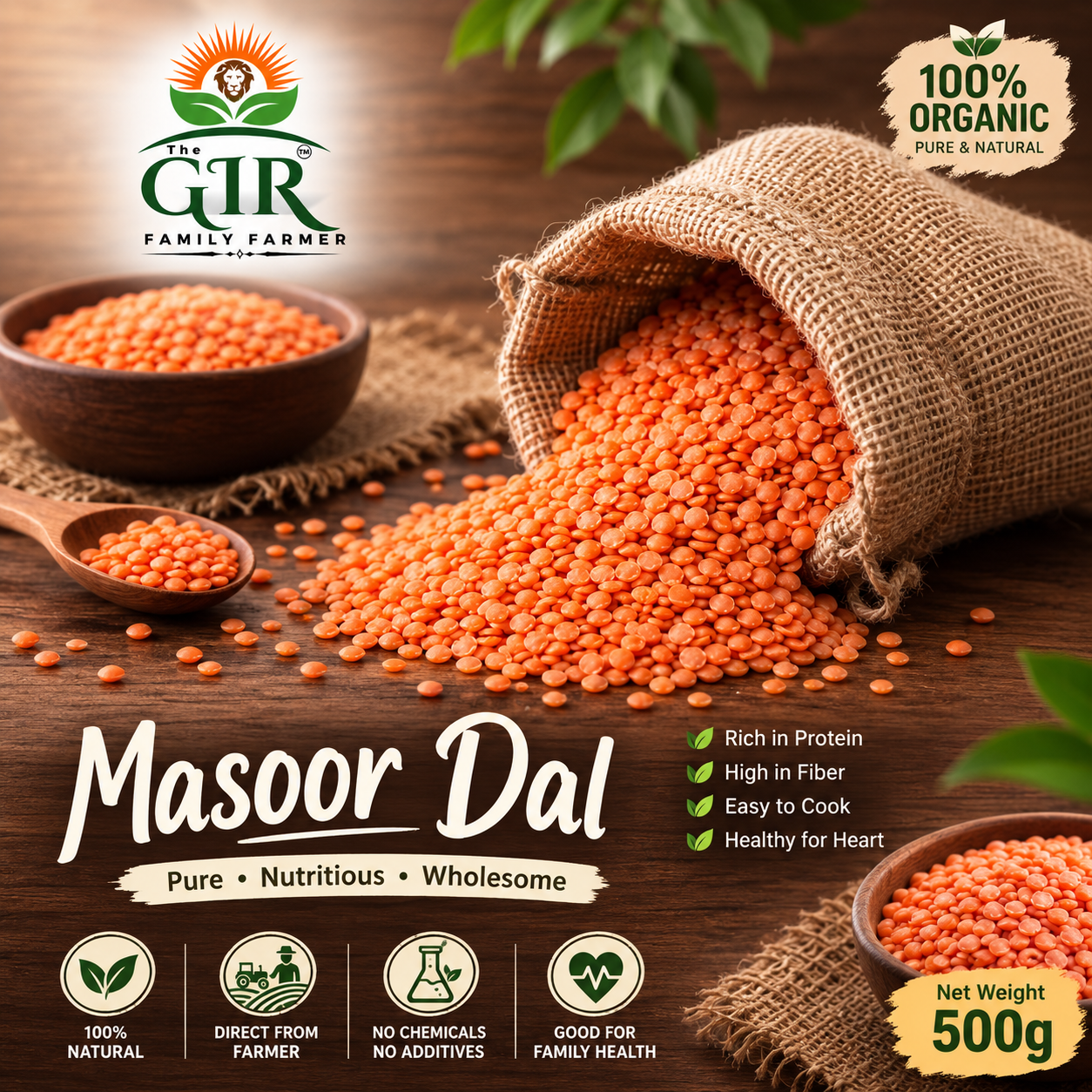 500g bag of organic masoor dal with vibrant orange lentils, rich in protein and easy to cook