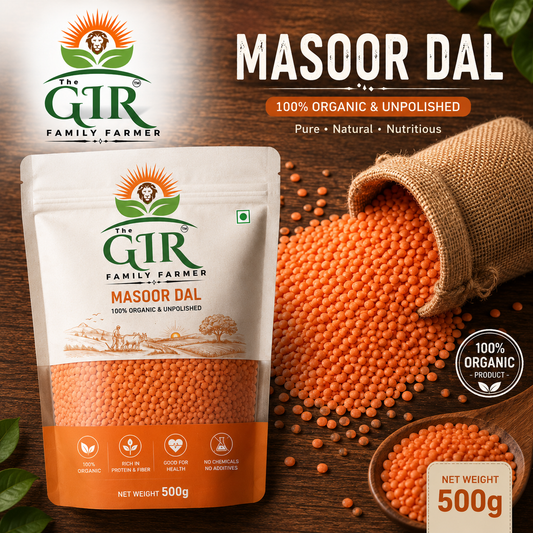 THE GIR FARMER Organic Masoor Dal in a 500g bag, perfect for nutritious meals and recipes.