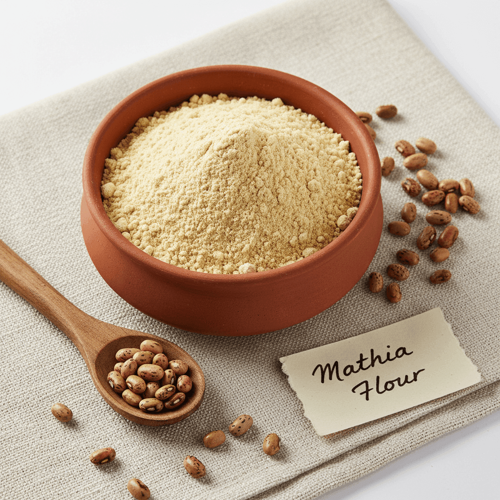 Organic Math Dal Flour in a brown bowl with whole mathia beans on a textured fabric background