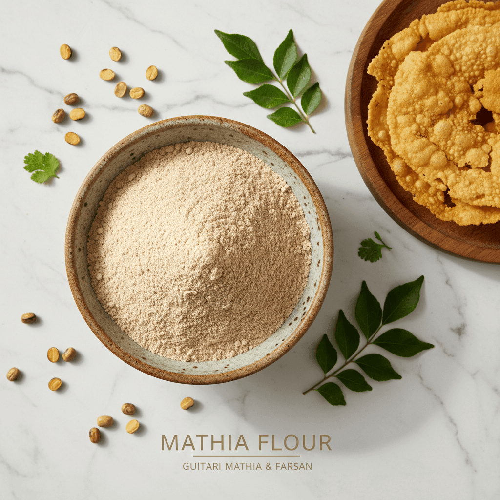 Organic Math Dal Flour in a bowl with traditional snacks and green leaves for cooking recipes