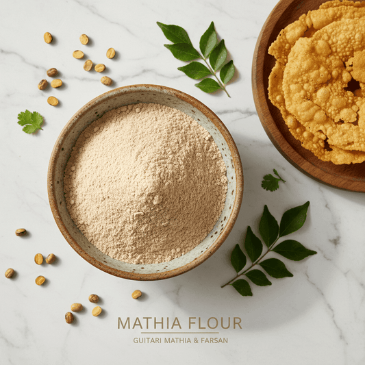 Organic Math Dal Flour in a bowl with traditional snacks and green leaves for cooking recipes