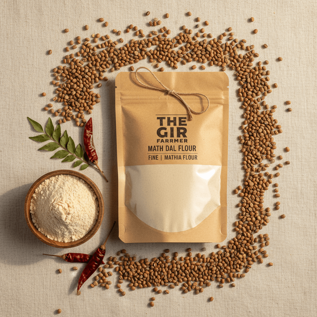 Organic Math Dal Flour in a brown bag surrounded by lentils and spices for cooking and baking
