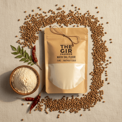 Organic Math Dal Flour in a brown bag surrounded by lentils and spices for cooking and baking