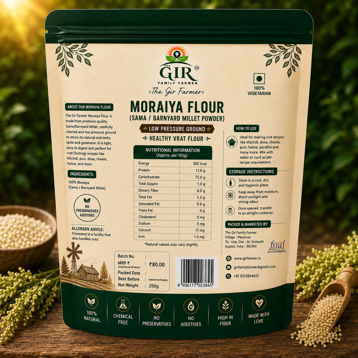 Organic Moraiya Flour in green packaging, perfect for healthy cooking and gluten-free recipes