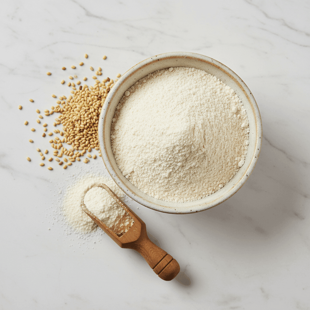 Organic Moraiya Flour in a bowl with raw seeds, ideal for gluten-free recipes and healthy cooking
